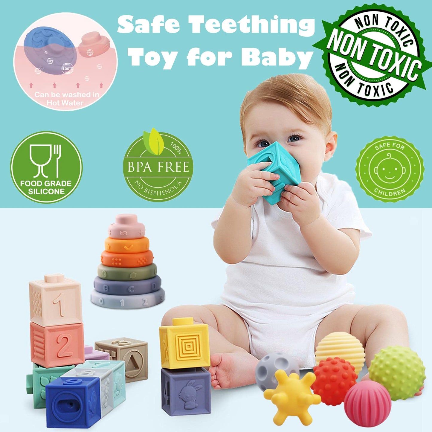 Montessori Toys Soft Stacking Building Blocks Rings Balls Sets 3 In 1 Baby Toys Bundle For Babies 6-12 Months Sensory Toys For Toddlers 1-3 Teething Bath Toys For Infants Learning Toy