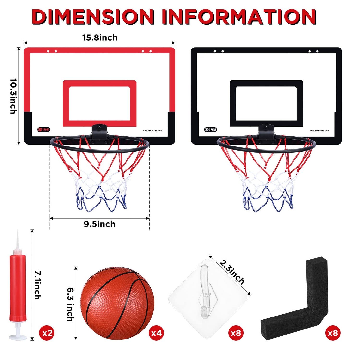 Sosation 2 Pcs Mini Basketball Hoop with 4 Basketball  Sticky Hook  Pump  Indoor No Drilling Basketball Hoop Decompress Game for Kid mature-themed Gift(Classic Style)