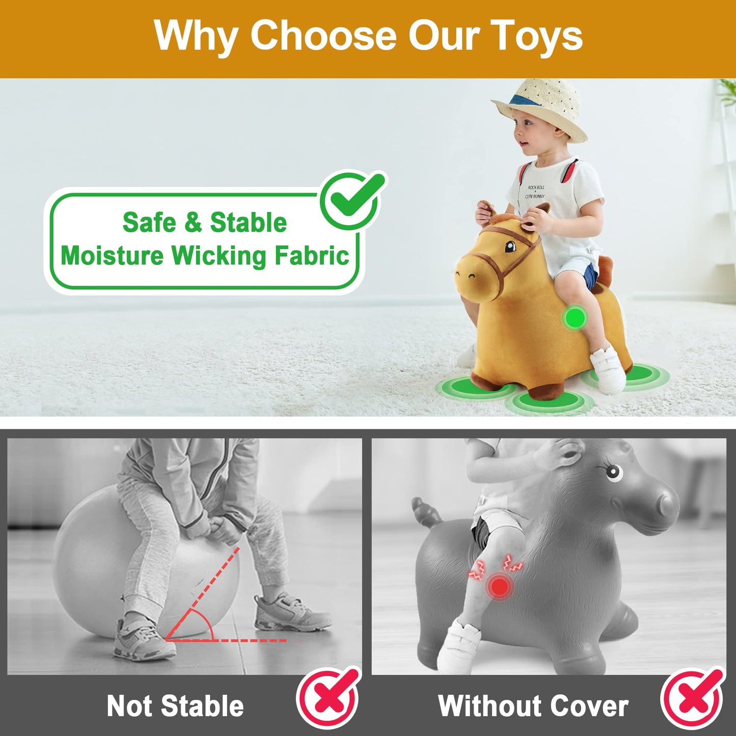 iPlay, iLearn Bouncy Pals Hopping Horse Toy - Inflatable Plush Ride-On Bouncer, Large, Yellow, Model RI-HOYE-049-B for Toddlers 18 Months