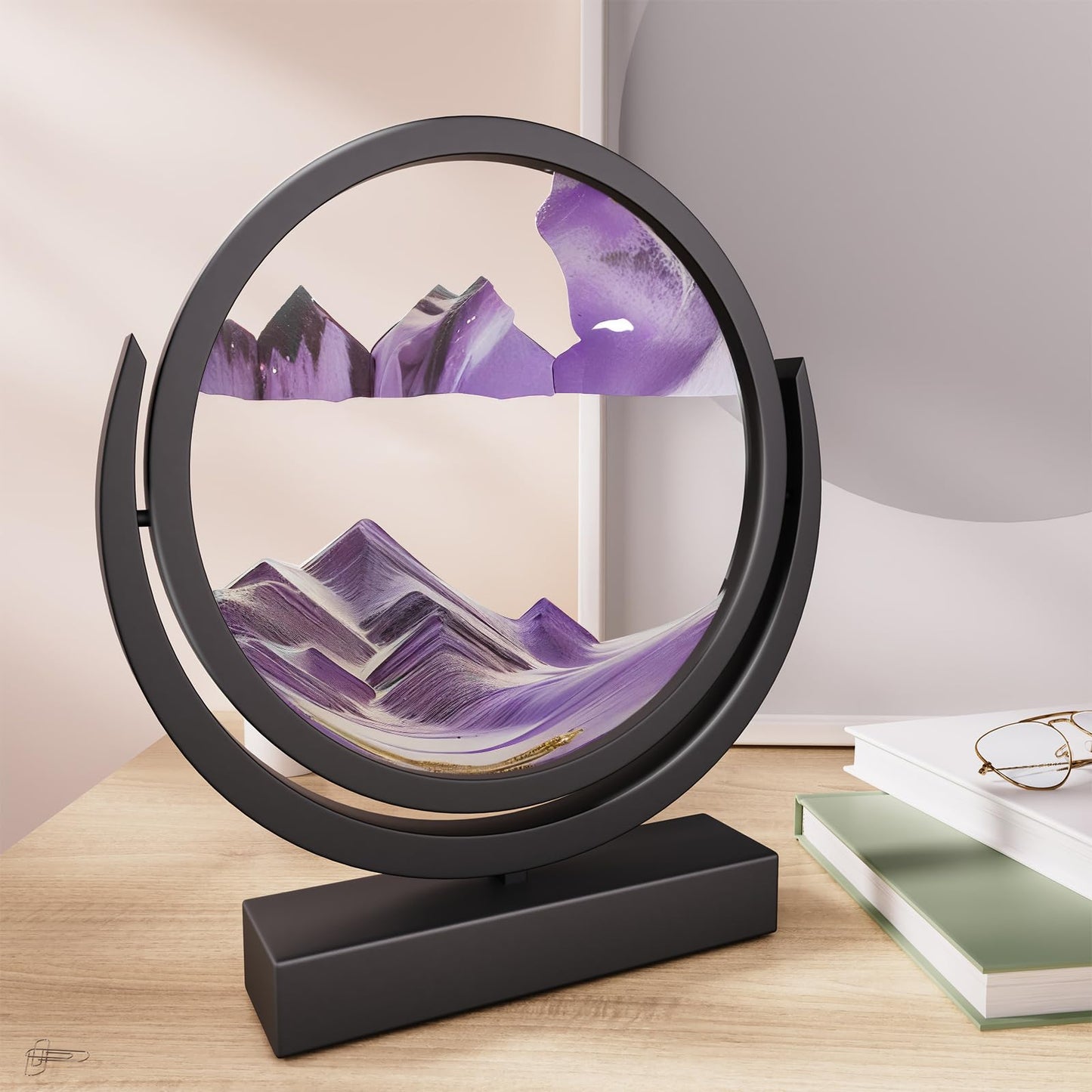 E-SHIDAI Moving Sand Art Picture in Motion Round Glass 3D Deep Sea Landscape, Dynamic Sand Art Sandscapes, Sensory (7in,Purple)
