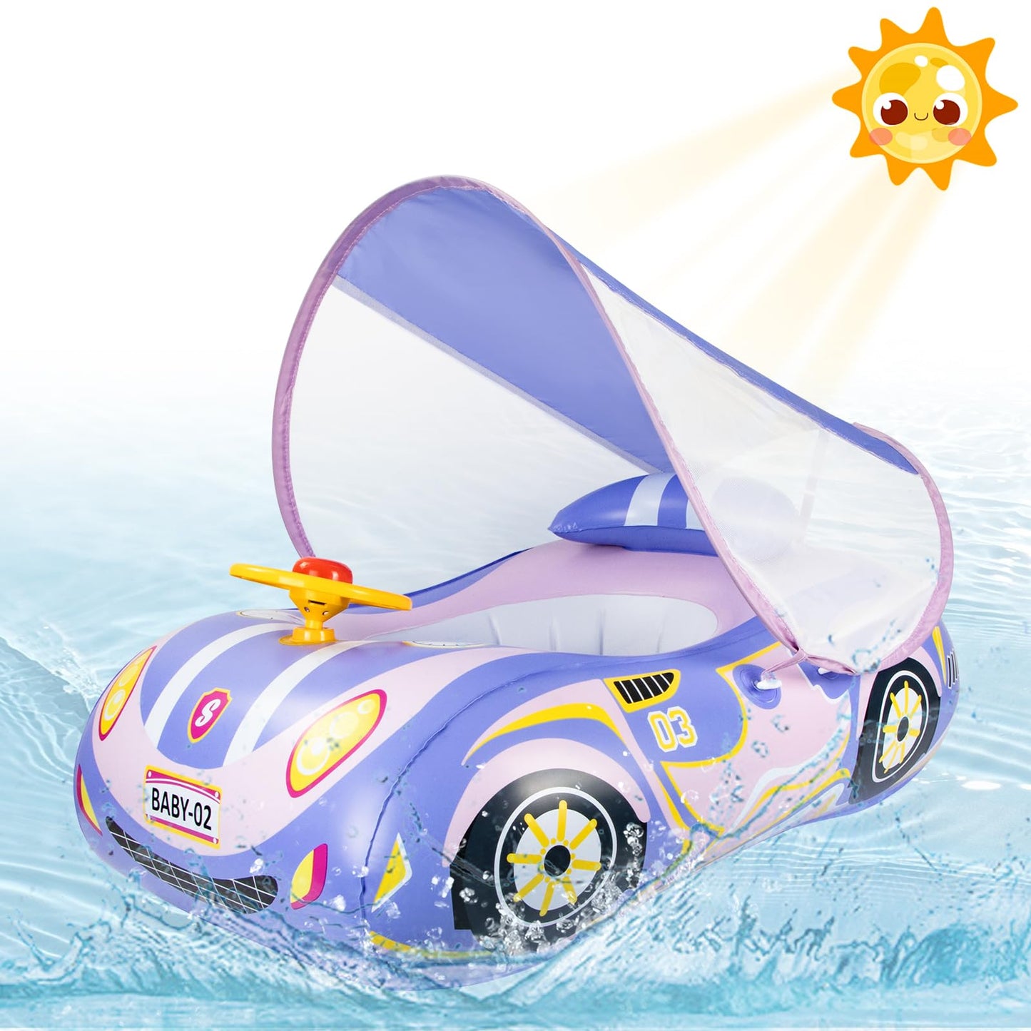 Baby Pool Float with Canopy: Baby Floats for Infants Toddler 6-48 Months Qoosea Swimming Floaties with UPF50+ Sun Protection & Toy Play Steering Wheel & Patch Kit (Purple)