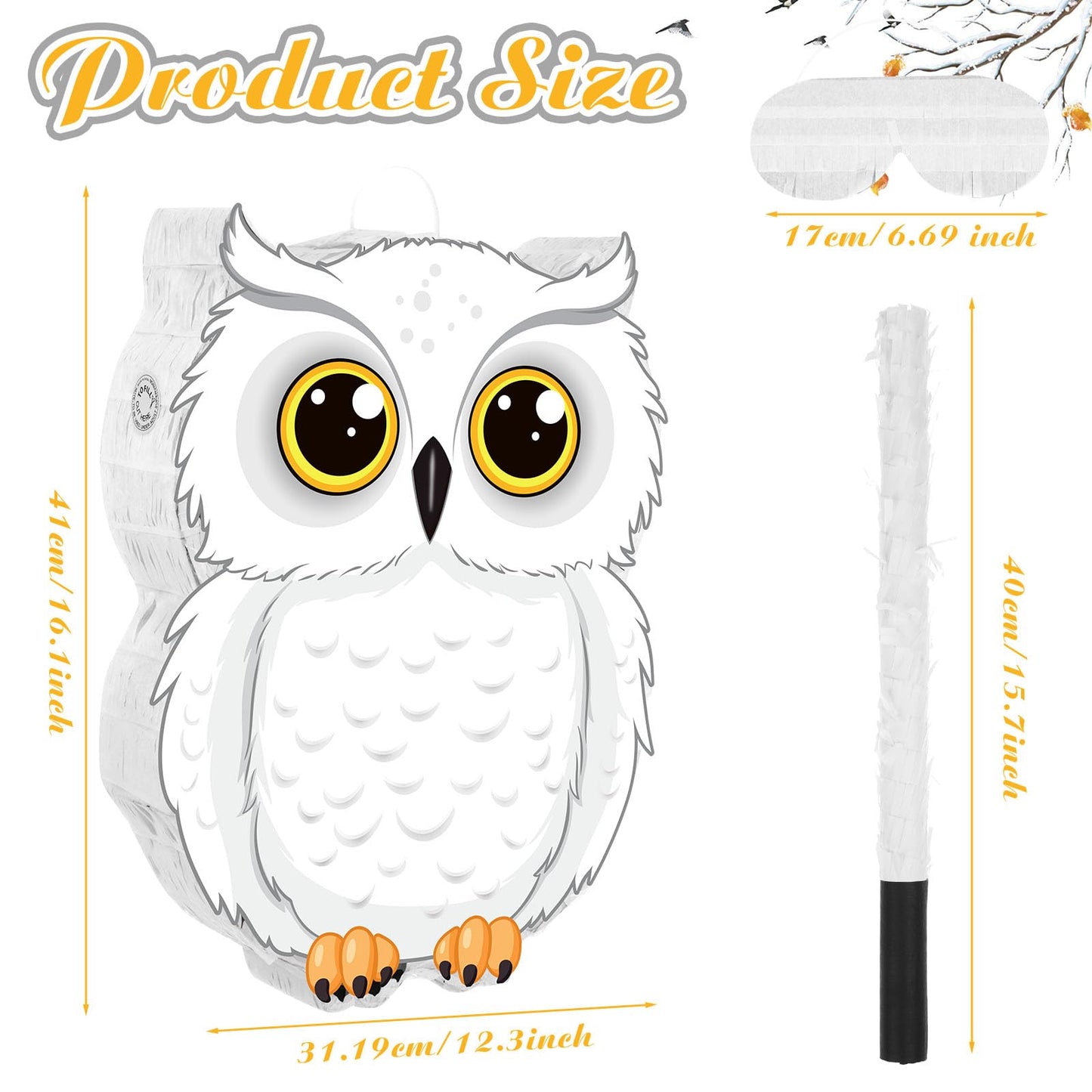 Aoriher Owl Piata with Piatas Stick Blindfold Confetti 3D White Snowy Owl Piatas set for Woodland Forest Wizard Animal Owl Party