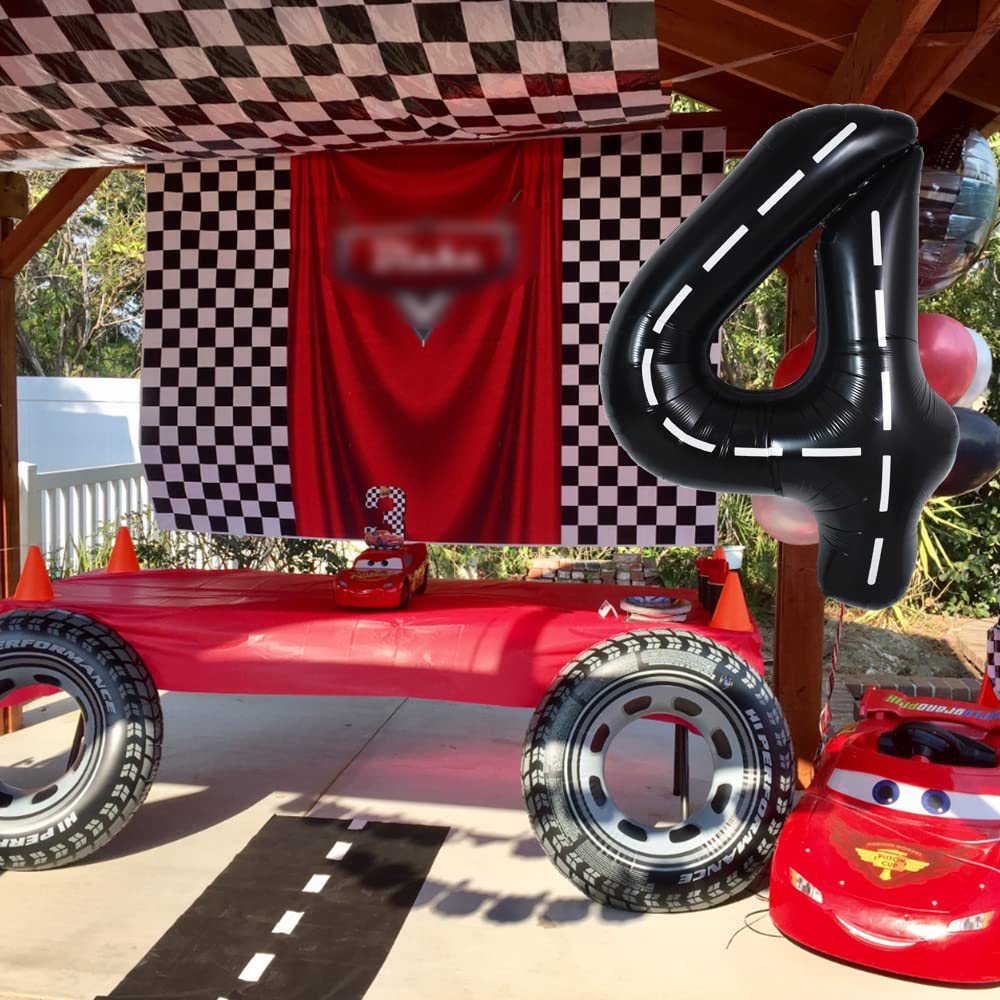 Toniful Race Car Black Balloons Car Birthday Party Supplies,40 Inch Giant Jumbo Helium Foil Mylar Big Number 4 Digital 4 Balloon