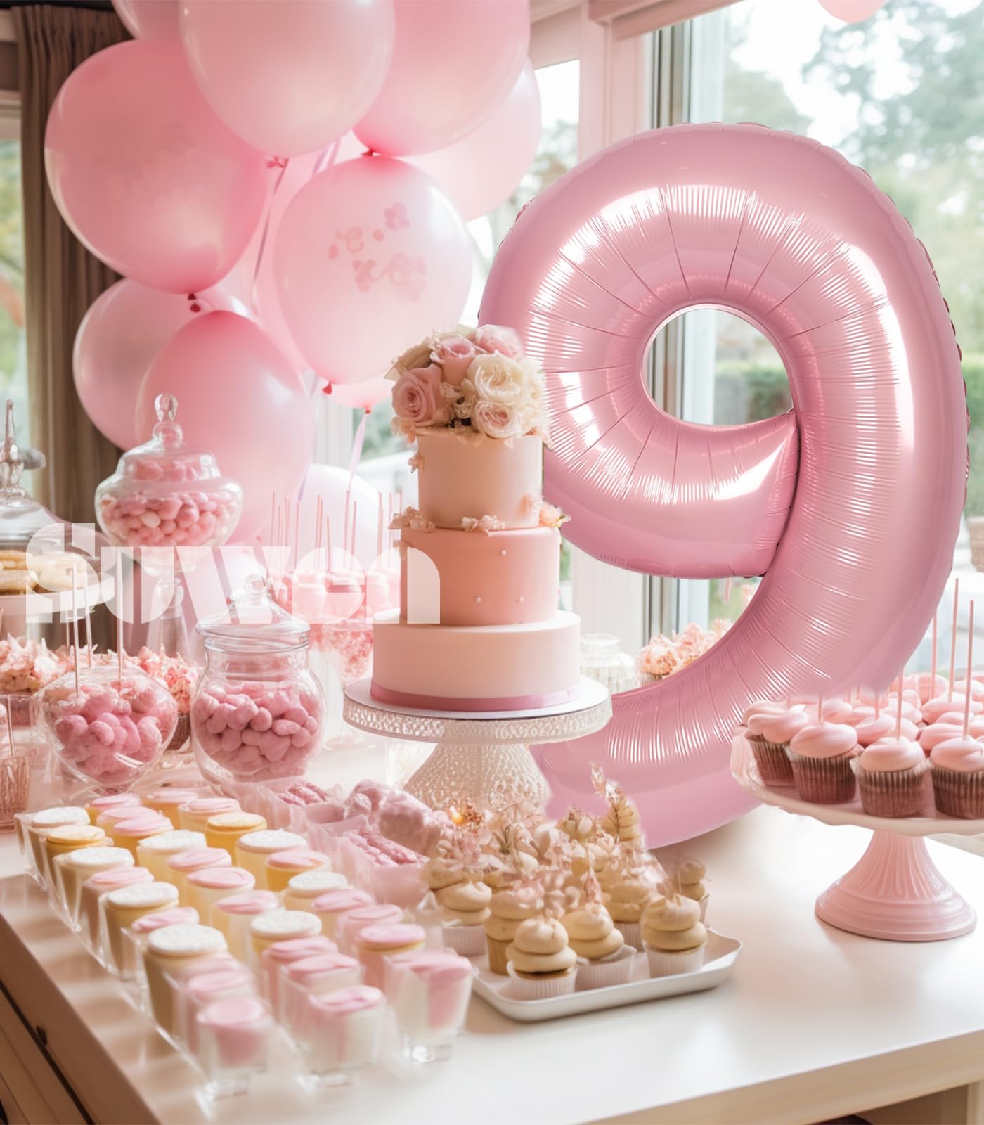 Suwen 40 Inch Pink Large 9 Number Balloons Big Foil Helium Number Balloons 0-9 Jumbo Happy 9Th Mylar Birthday Party Decorations