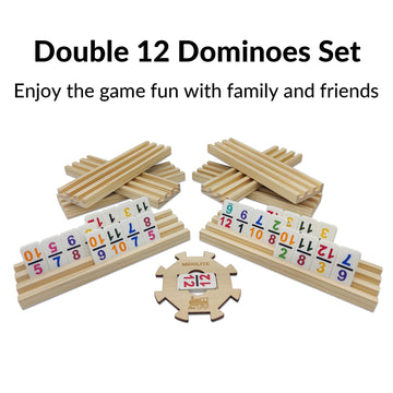 Mexican Train Dominoes Set With Numbers And 8 Wooden Racks, Double 12 Domino Travel Set With Wooden Hub, 91 Colored Domino Tiles