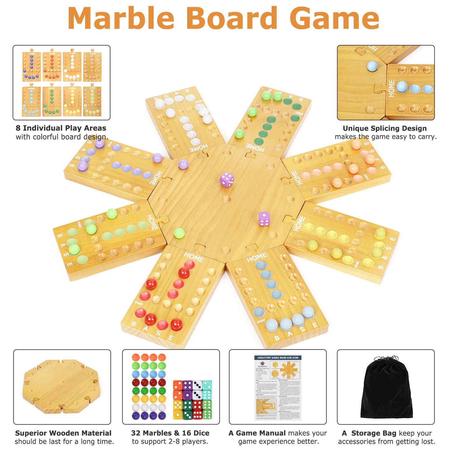 Marble Board Game,Wooden Board Game For 6-8 Players,Portable Design Marble Game With 32 Marbles 16 Dice, Family Game Night Gift