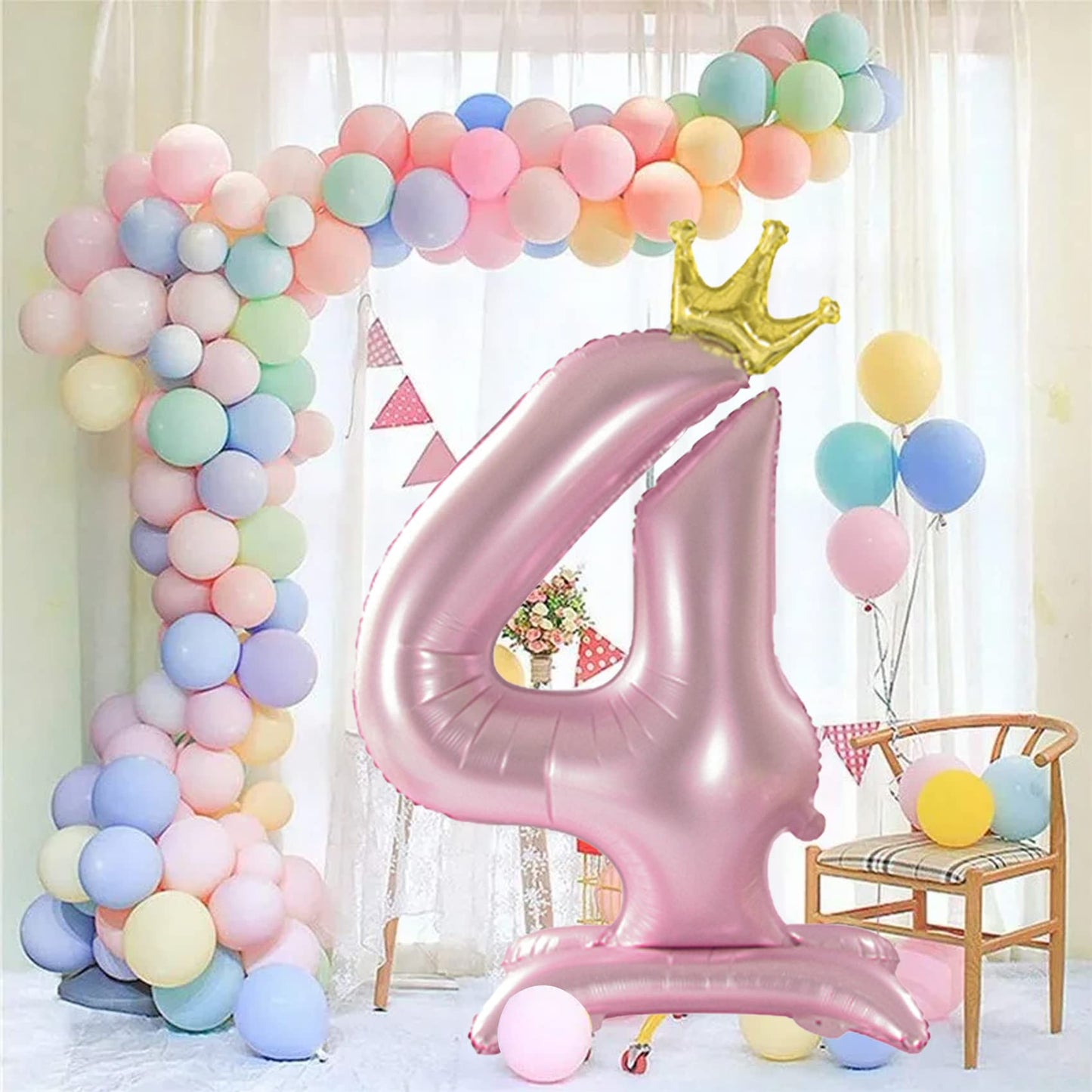 Tellpet Crown Pink Number 4 Balloon With Base For Girls 4Th Birthday Party Decoration
