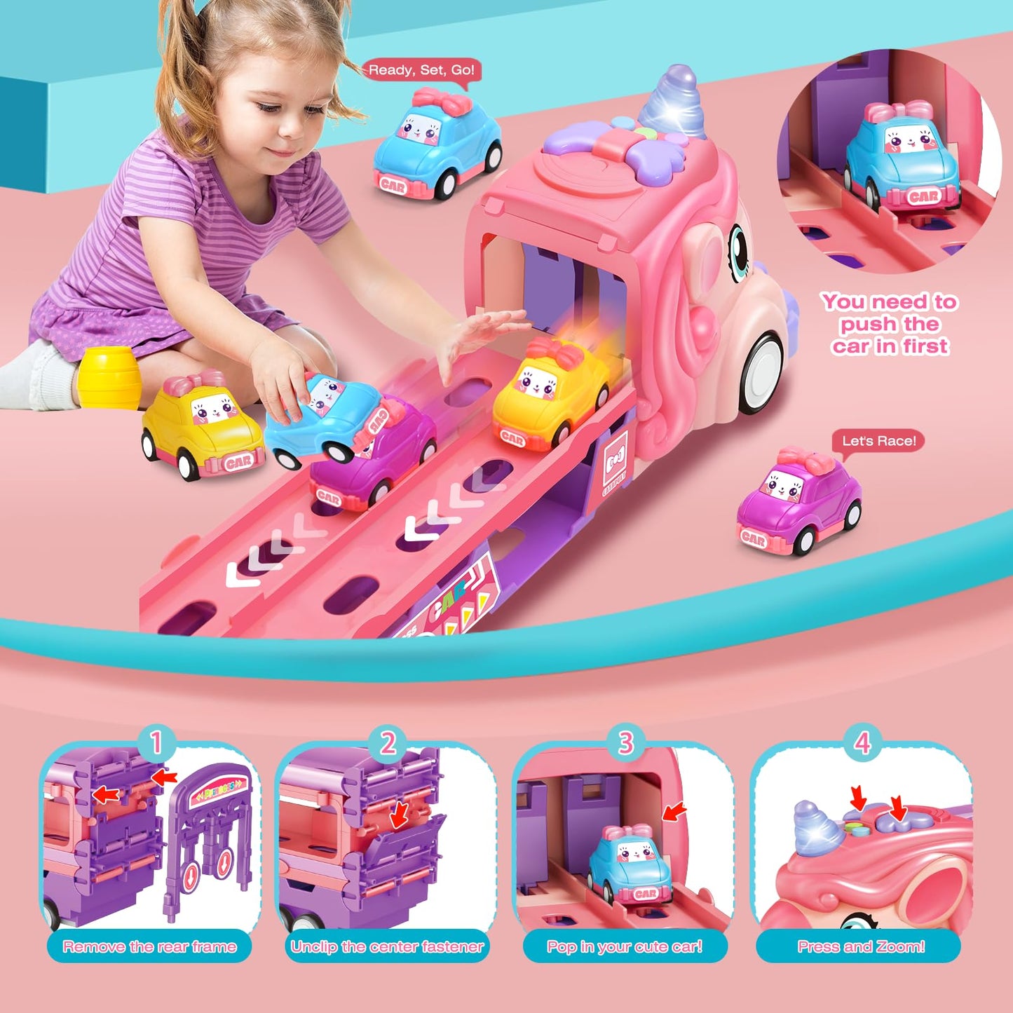 Car Toys for 3 4 5 6 7 Year Old Toddler Girl, Toys Truck & Foldable Race Track Car Toys with Light & Sound, Birthday Gift for Ki