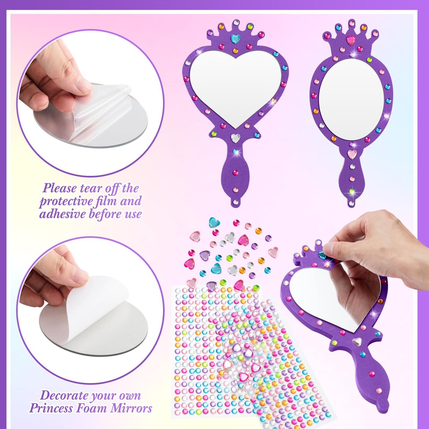 Geetery 20 Pcs Unbreakable Kids Mirror DIY Decorate Your Own Princess Mirror Mermaid Princess Foam Small Crafts for Princess Par
