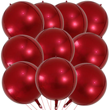Kalor 10 Pcs 22 Inch Burgundy Red Mylar Balloons, Large 4D Giant Round Foil Balloon Big Mirror Metallic Balloons For Birthday Party Baby Shower Gender Reveal Supplies