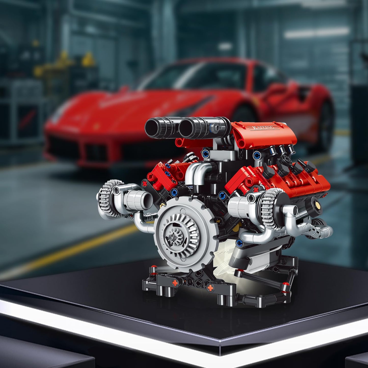 OWNONE 1 V8 Engine Model Kit - 8-Cylinder STEM Building Set, Large Red Plastic with Motor & LED Light, APP Control, 660 PCS