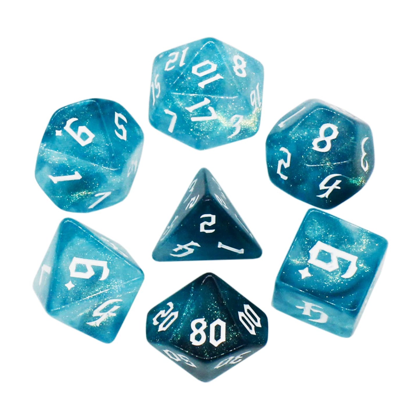 DND Dice 7Pieces, Polyhedral Dice Set,Cyan&Blue Double Color Glitter Dice Set,D&D Dice Set for Dungeons and Dragons, RPG, MTG Ta