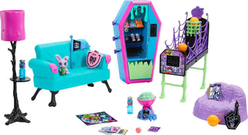 Monster High Student Lounge Playset with Doll House Furniture, 2 Pets, Vending Machine, Multicolor, Model HRP57