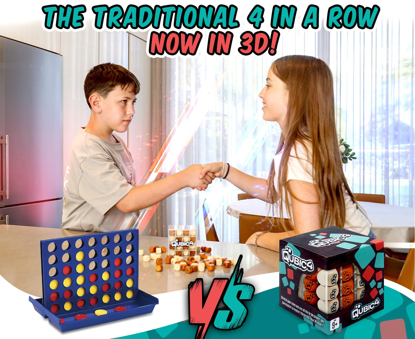 Qubic4 4 in A Row Game - 3D Strategy Board Game, Wooden Cubes, Brown, White, Transparent Acrylic Cube, Perfect for All Ages