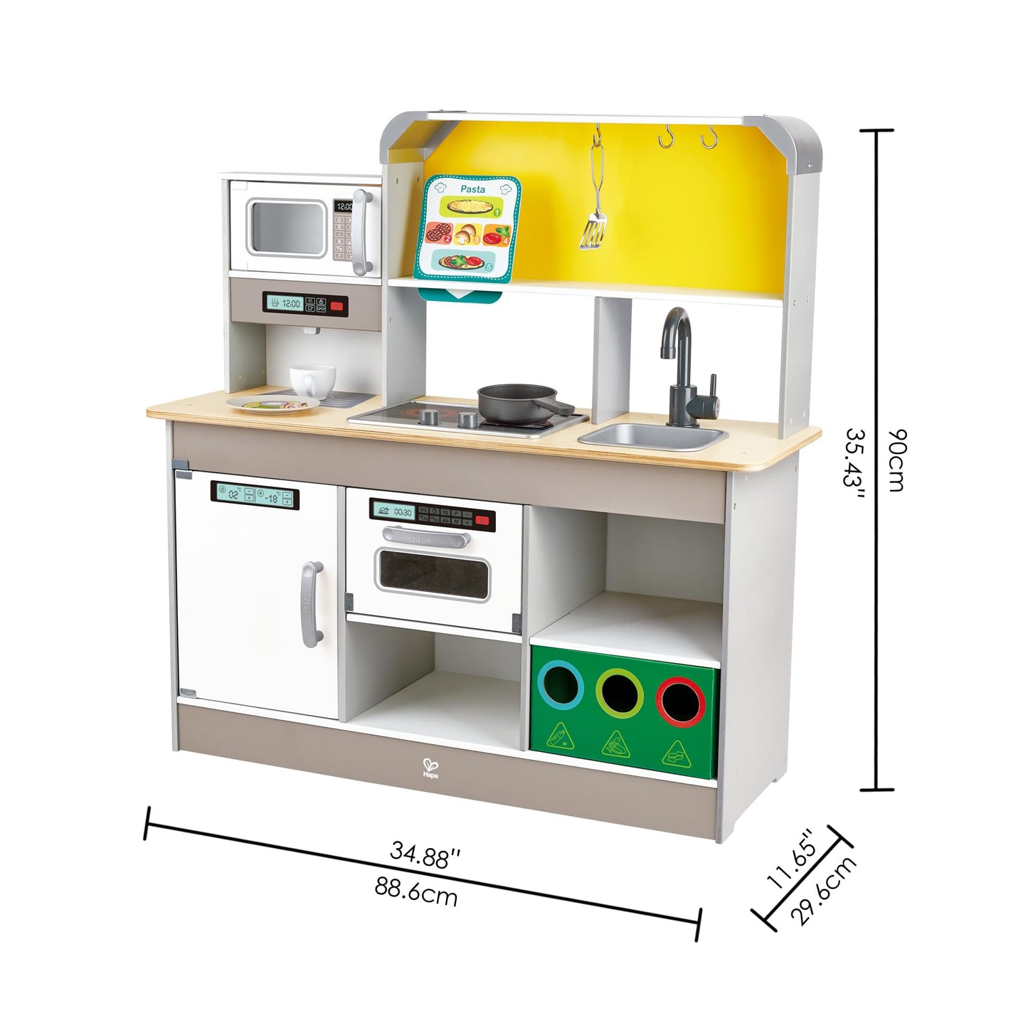 Hape E3177 Deluxe Game Kitchen With Microwave, Coffee Maker, Refrigerator, Oven, Hob With Frying Pan Fun With Many Accessories, From 3 Years, L: 34.9, W: 11.7, H: 35.4 Inch
