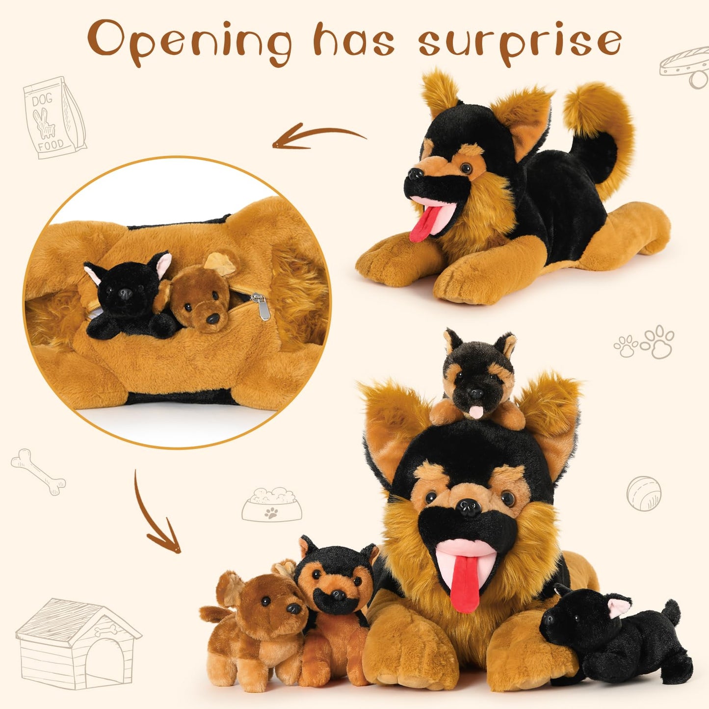 MaoGoLan 5Pcs German Shepherd Dog Stuffed Animals with 4 Babies Inside 20  Realistic Giant Dog Puppy Plush Toys  Soft and Cuddly Stuffed German Shepherd Dog Playment for Kids Girls Boys Puppy Lover