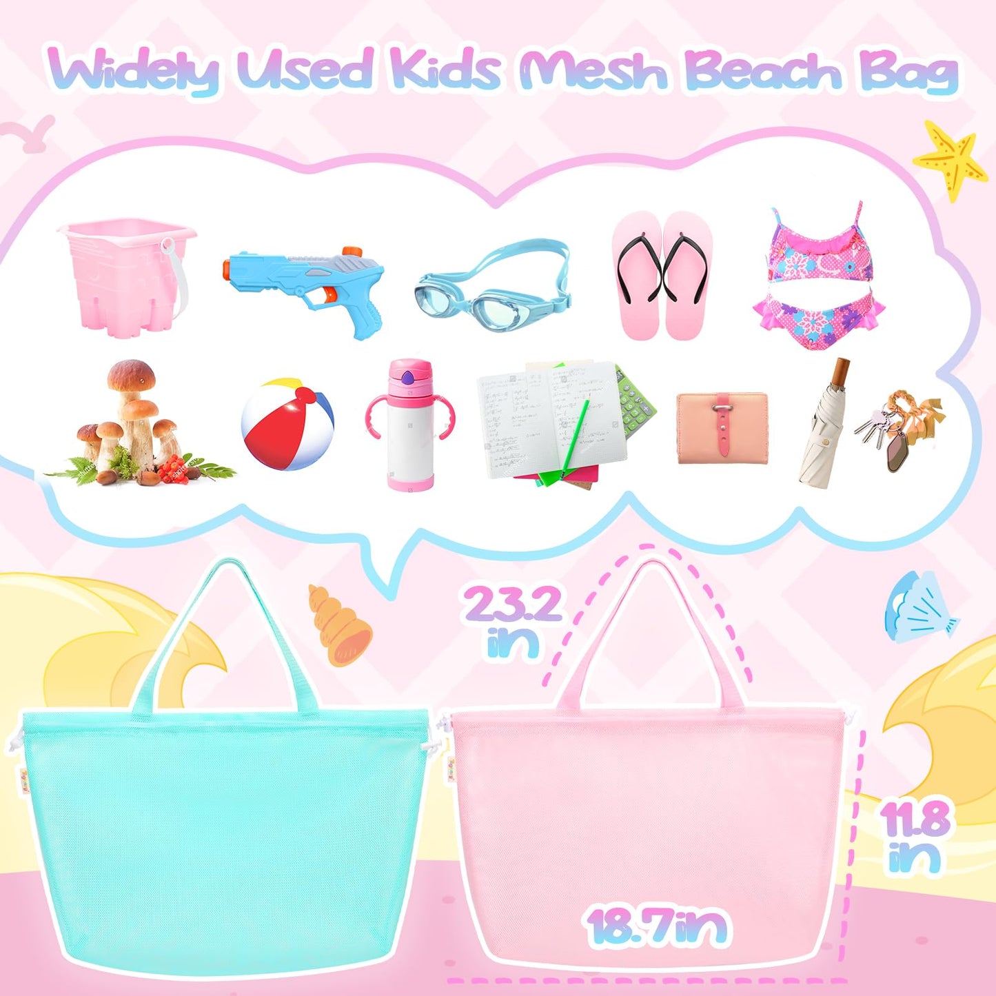 Tagitary Beach Toys Kids Beach Bag Tote with Drawstring, Pink Blue Mesh Bag Travel Beach Essentials for Kids Swim Pool Gym Bag C