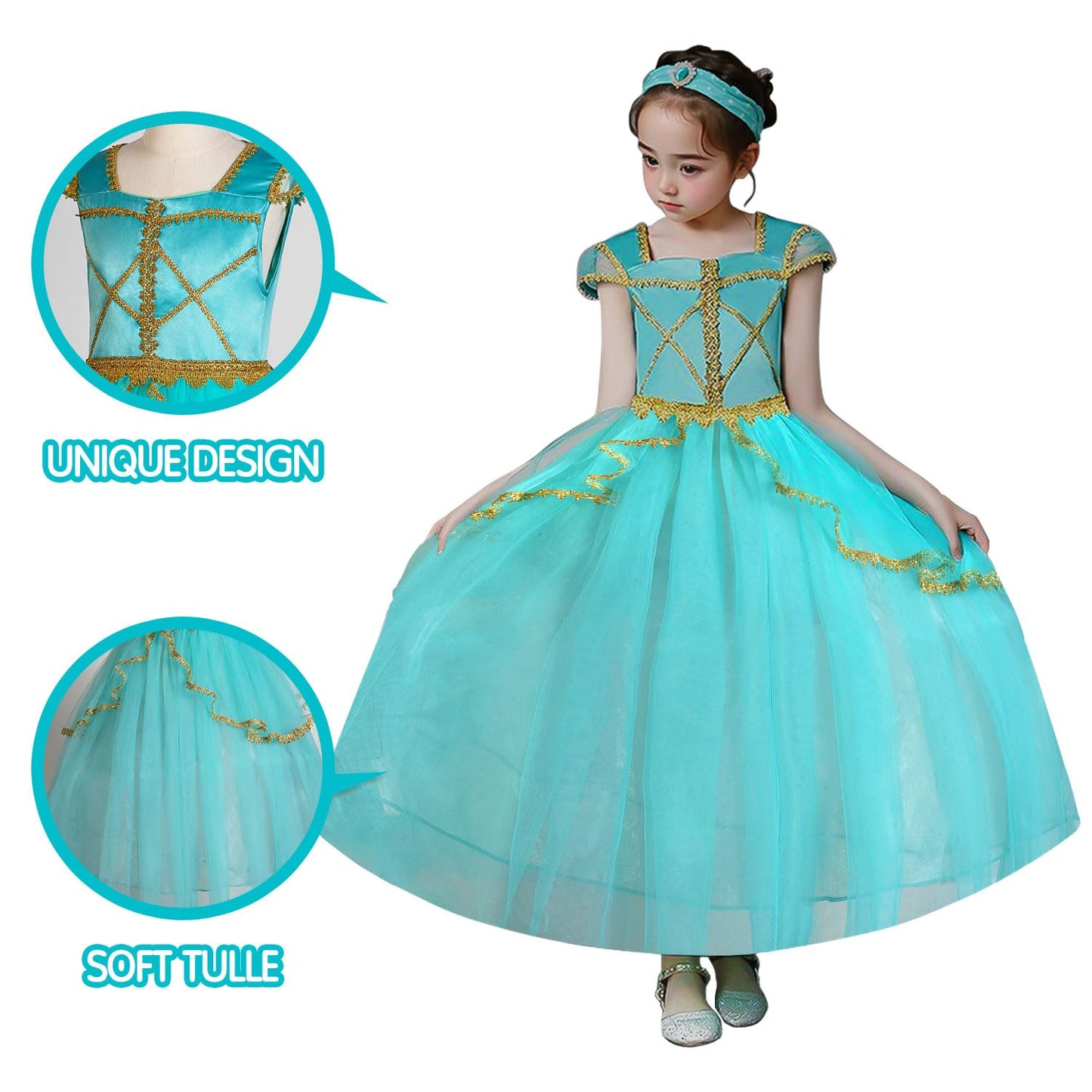 Uporpor Light Up Princess Dress Up Clothes Costume For Girls Halloween Kids Princess Cosplay Party Supply For Christmas, Blue Green, 150