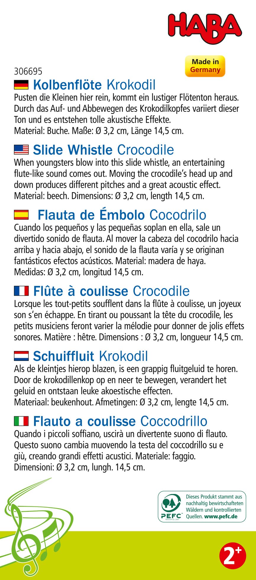 HABA Crocodile Slide Whistle - Wooden Musical Instrument for Ages 2+