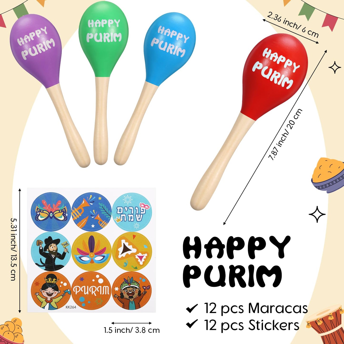Lenwen 12 Pcs Happy Purim Wood Gragger Maracas Shakers with Stickers Colorful Noisemakers for Fun Jewish Holiday Party Favors Go