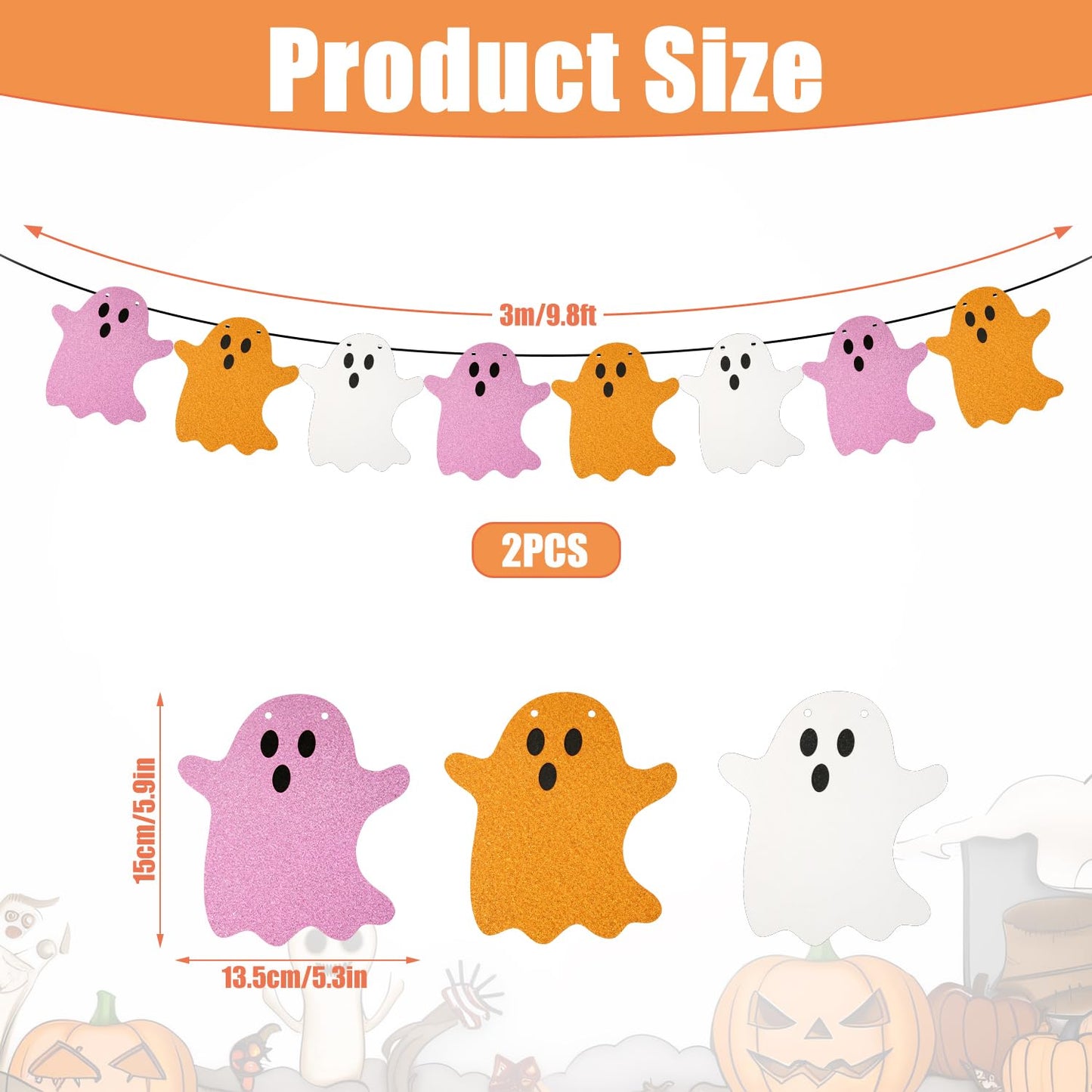 2pcs Halloween Hanging Ghost Banners, Glitter Ghost Cardstock Halloween Party Decorations for Indoor Outdoor Haunted Houses Wall