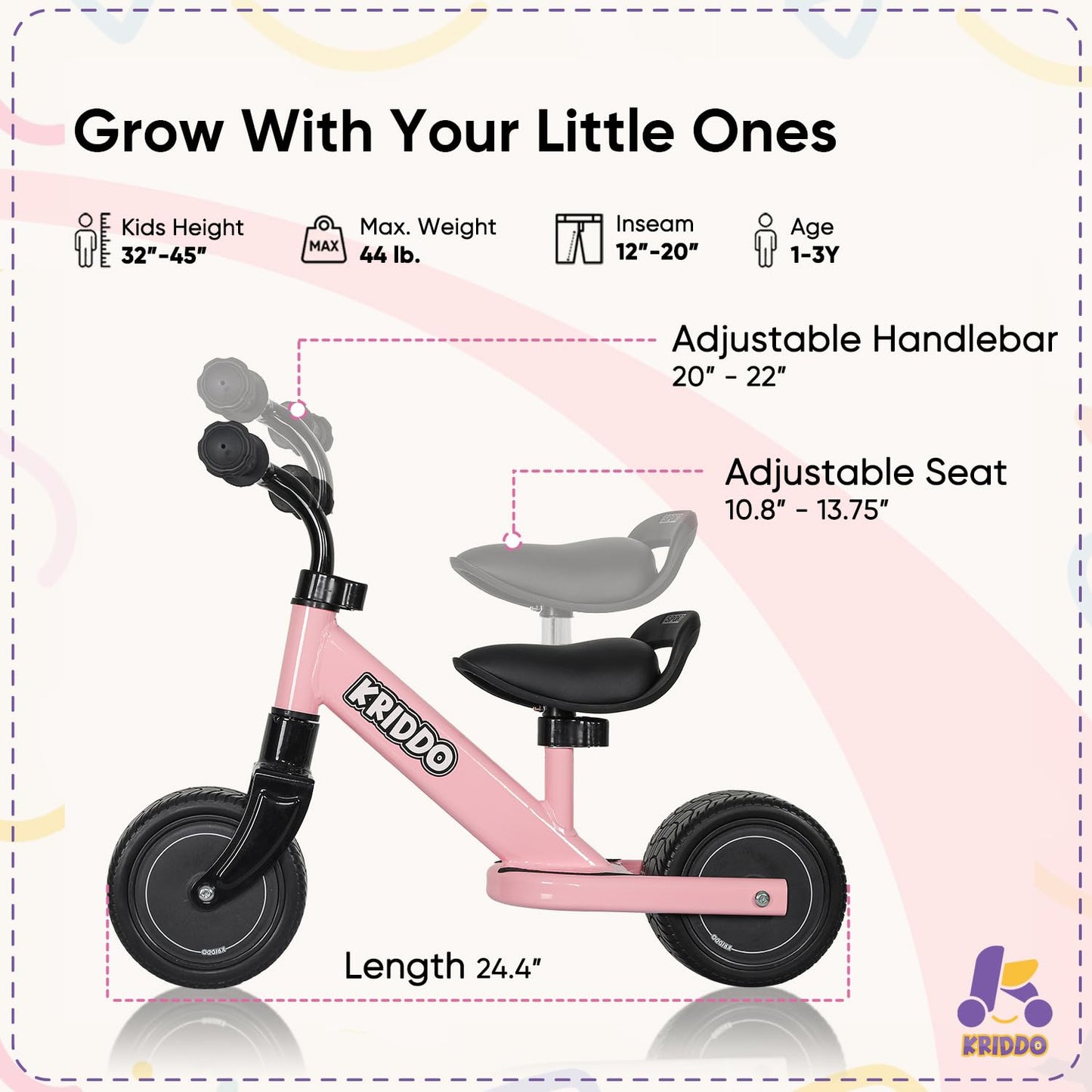 Kriddo Baby Balance Bike Mini Cruiser Design With Wide Pu Wheels For 1-3 Year Olds Ideal First Birthday Gift And Baby Toy, Pink