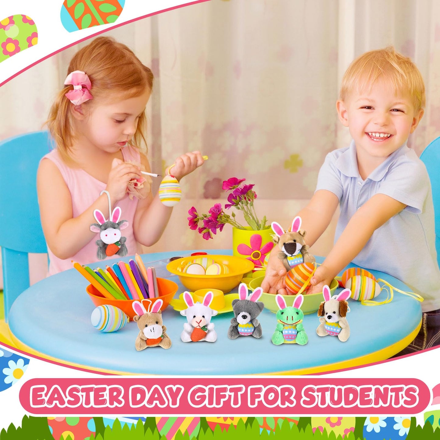 Blueweenly 24 Pcs Easter Mini Animal Plush Toy Set Small Stuffed Animal Bulk with Easter Eggs Bunny Ear Small Plush Keychain for