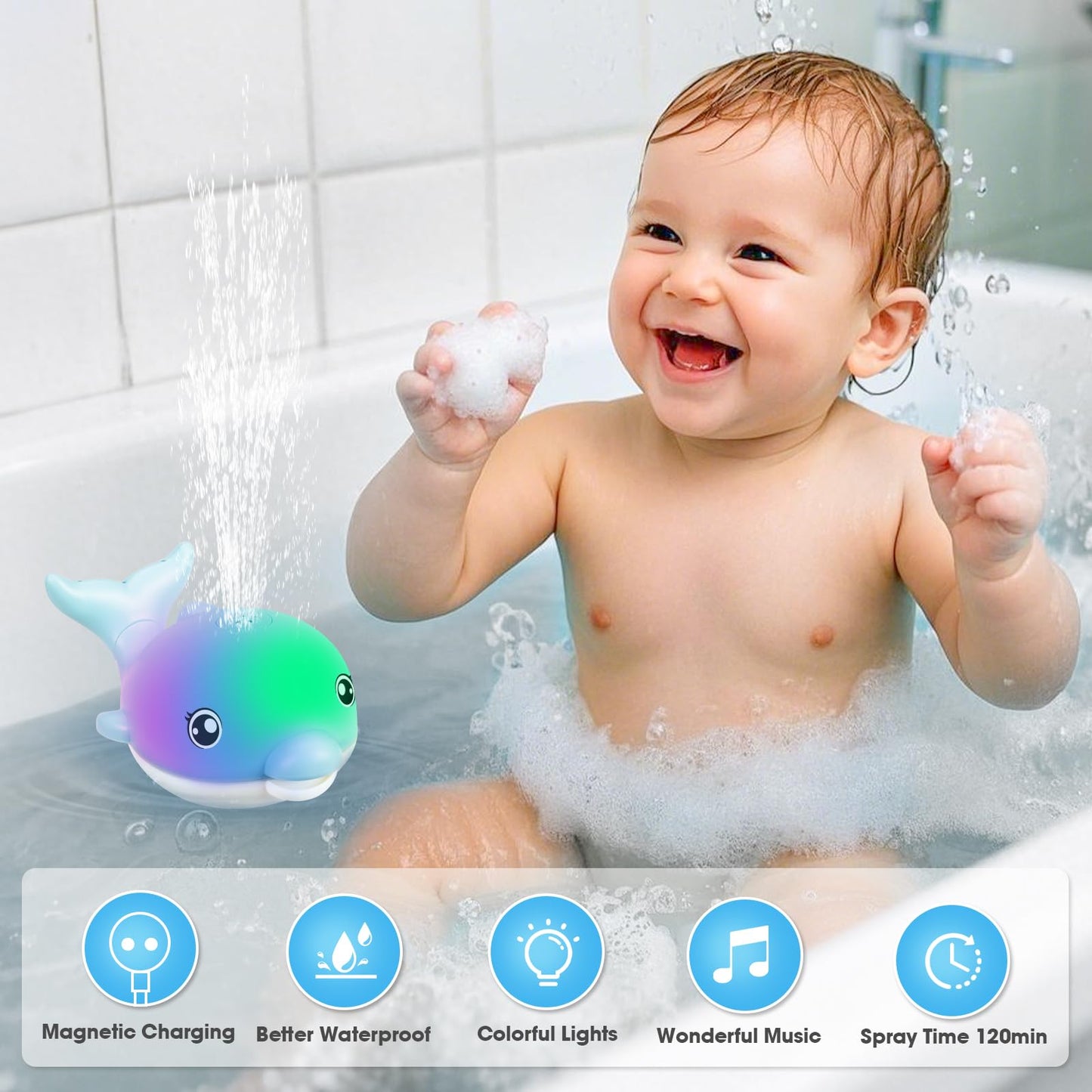 Baby Bath Toys, 2025 Upgraded Magnetic Charging Toddler Bath Toys for Kids Ages 1-3, Light Up Dolphin Bath Toy Sprinkler, Birthd