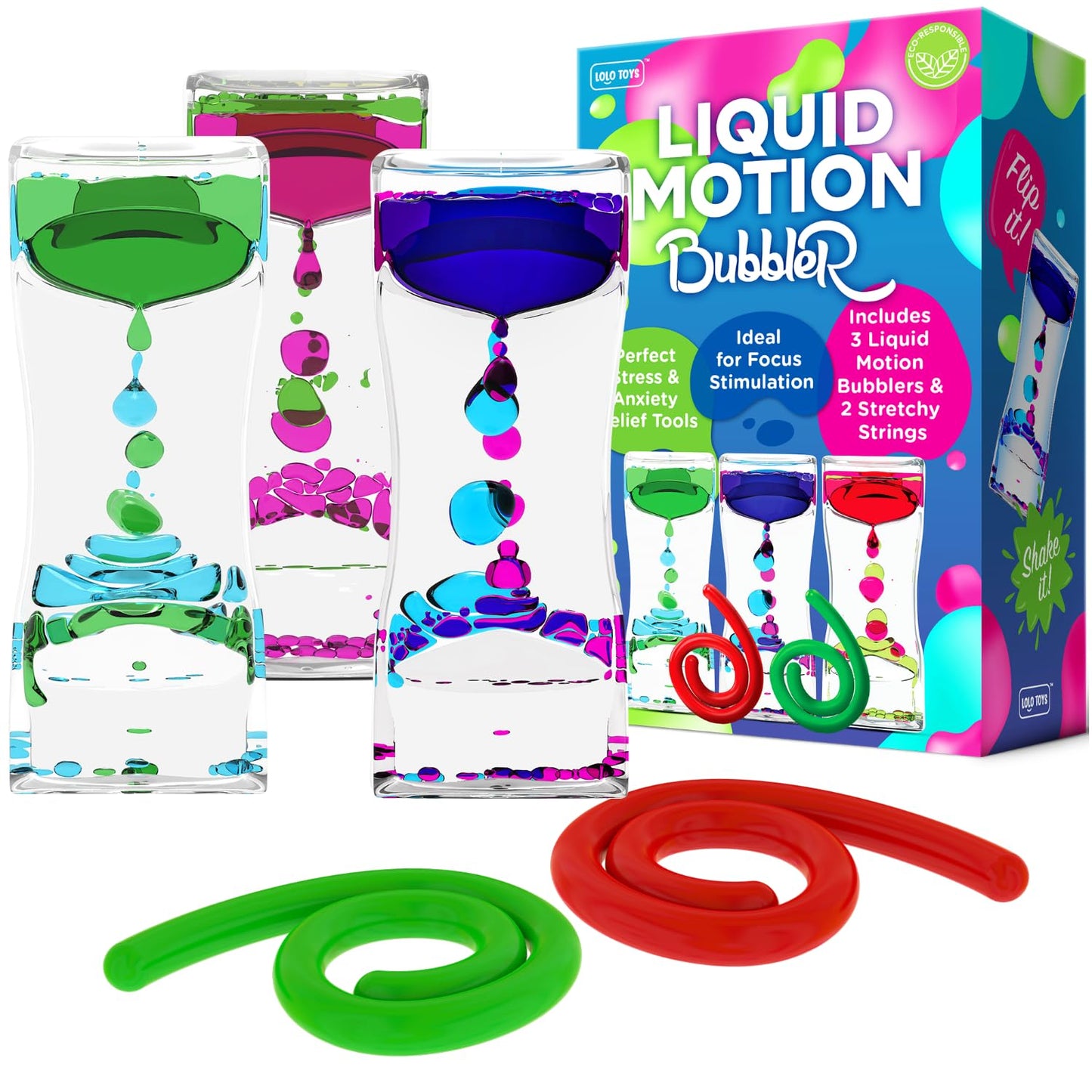 Liquid Motion Bubbler Sensory Toys - 5 Pc Set Bundle Stretchy String Fidget Toys Timer For Stress Relief And Anxiety Relief Great For Adhd Autism Add Figit