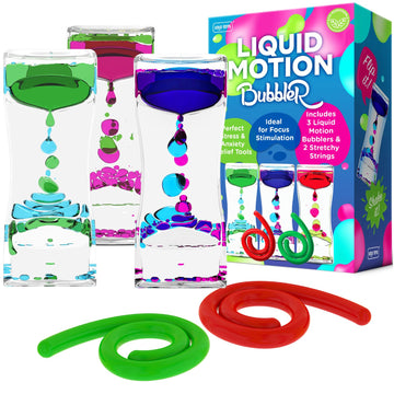 Liquid Motion Bubbler Sensory Toys - 5 Pc Set Bundle Stretchy String Fidget Toys Timer For Stress Relief And Anxiety Relief Great For Adhd Autism Add Figit
