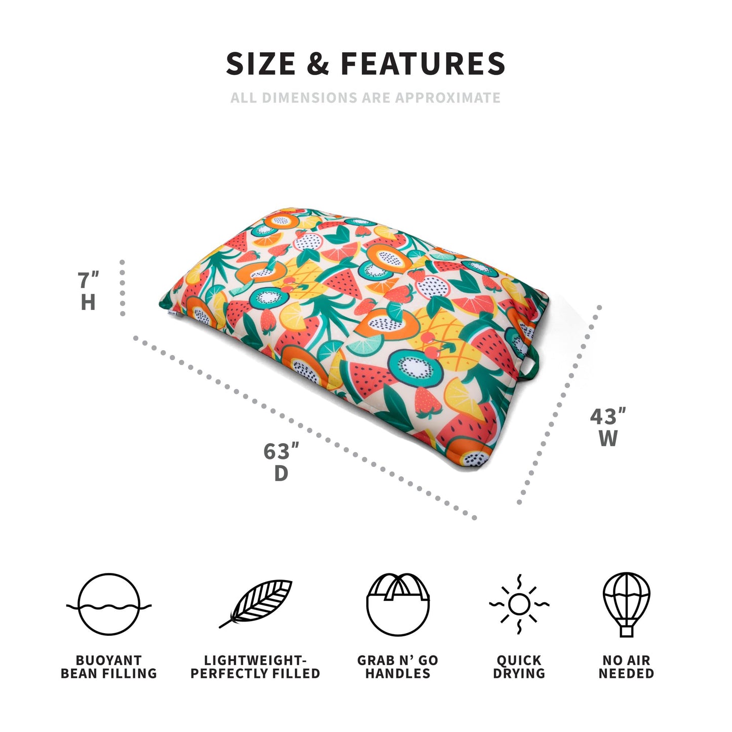Big Joe Lagoon Lounger No Inflation Needed Pool Float, Fruit Salad Doubled-Sided Mesh, Quick Draining Fabric, 5 Feet Giant