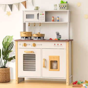 Babytronic Kids Play Kitchen, Wooden Kitchen Playset for Kids Ages 3+ with Real Lights, Sounds, Stove, Sink, Oven, and 30 Pcs Ac