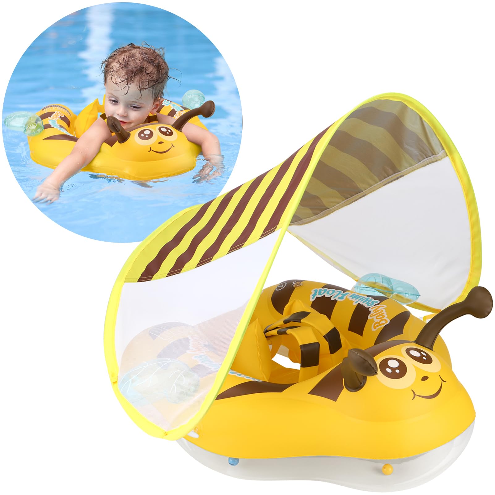 Free Swimming Baby Inflatable Baby Pool Float Ring Size Improved Bumble Bee Toddler Swim Trainer for Age of 3-36 Months (Yellow  Large)