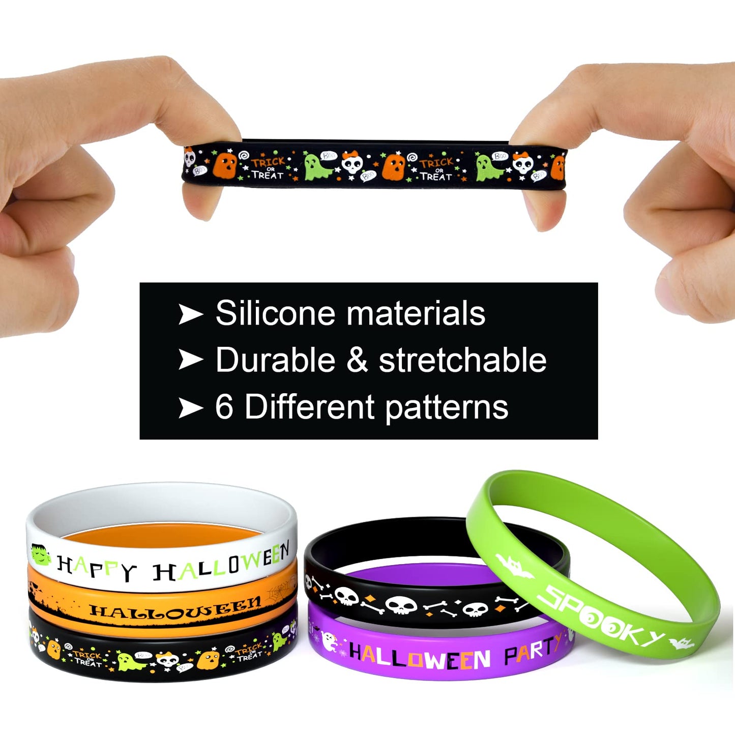 FEPITO 60Pcs Halloween Silicone Wristbands Halloween Party Goodie Bag Filler Trick or Treat Gifts, 6 Styles