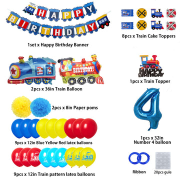 Train 4St Birthday Decorations Boys Train, 4 Years Old Birthday Party Supplies With Number 4 Foil Balloons Train Birthday Banner