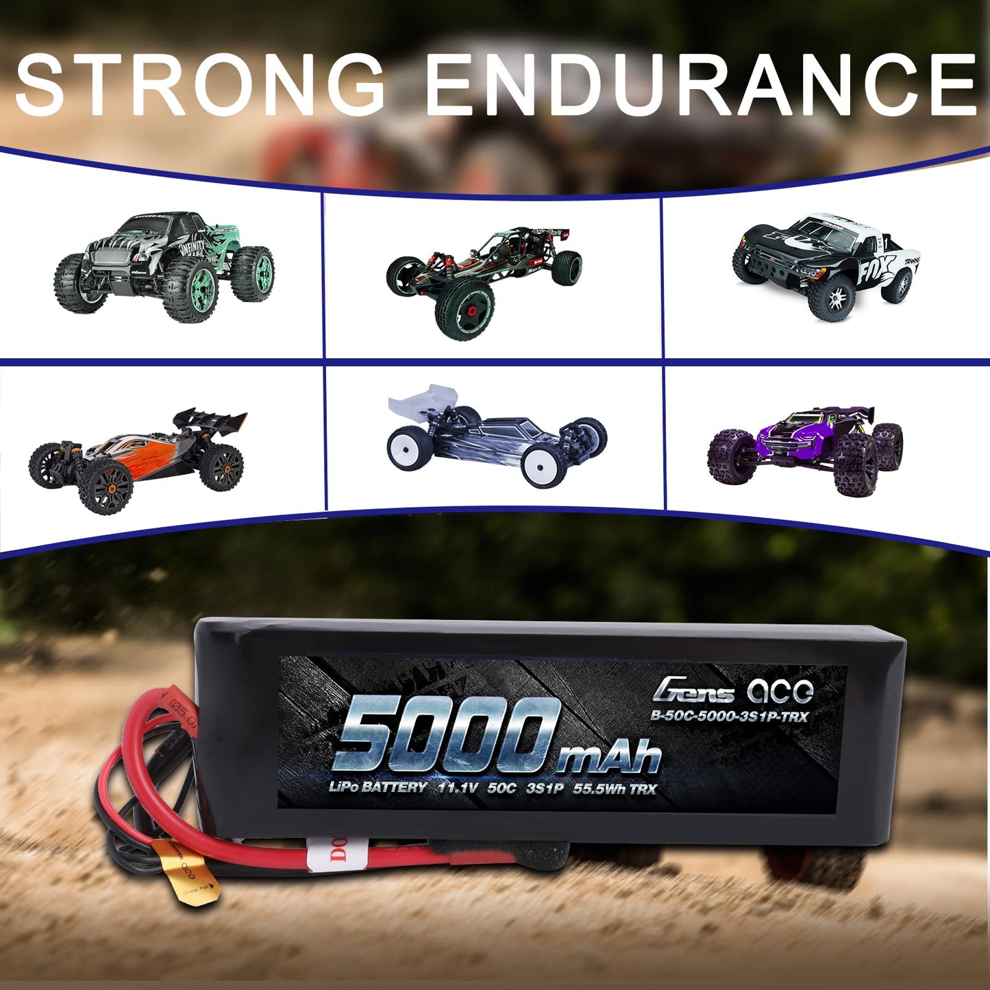 Gens ace 5000mAh 11.1V 3S 50C 3 Cell LiPo Battery Pack with XT60 and Deans Plug (Updated) for Traxxas RC Cars Slash vxl Slash 4x