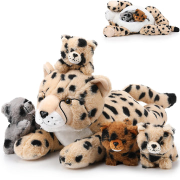 Silipull 5 Pcs Cheetah Stuffed Animals Set Large Mommy Cheetah Plush With 4 Soft Cuddly Baby Cubs In Her Tummy For Boys Girls Bi