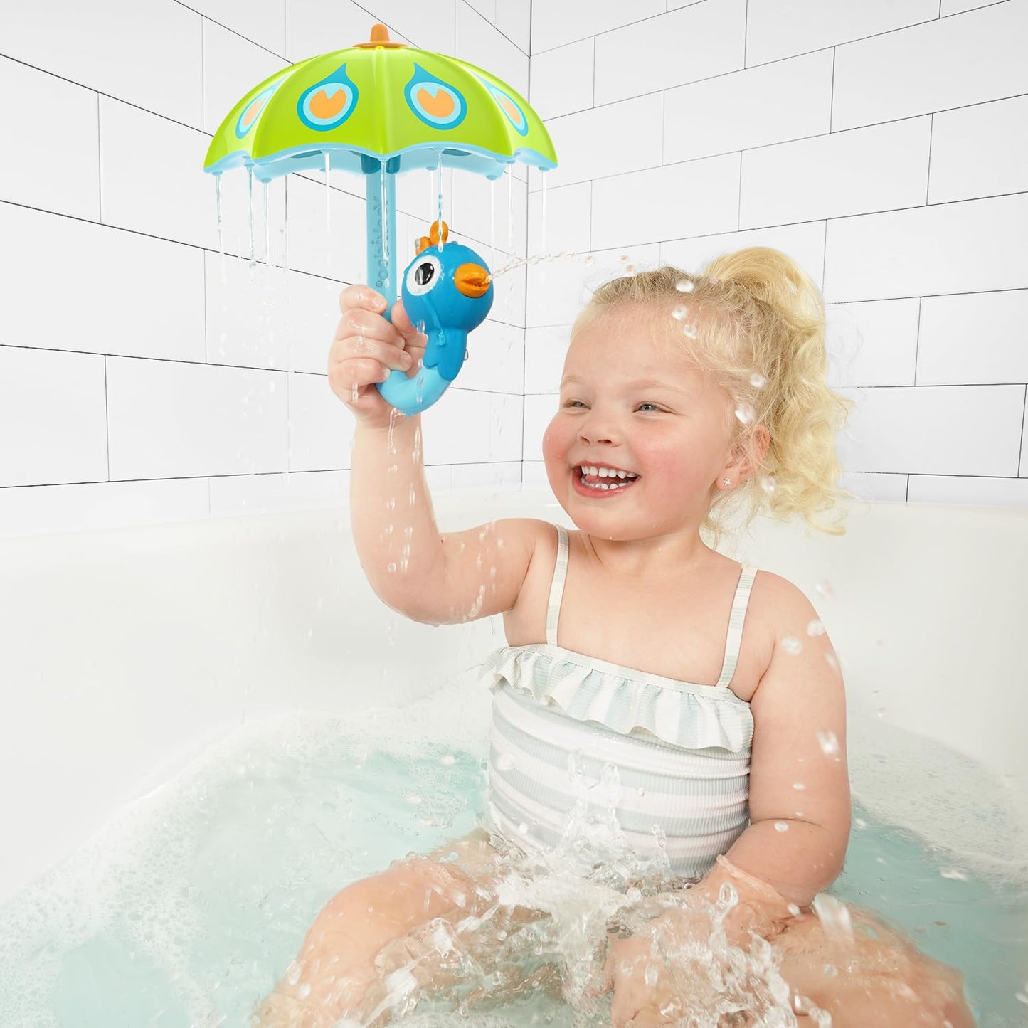 Yookidoo Baby Bath Toy (Ages 1-3) Green Peacock Umbrella Water Sprinkler With 3 Moving Pieces (Mold Free) - Fill With Water For Bubbles, Spinning & Sprinkler Effects - Toddler Bath Time & Pool Fun
