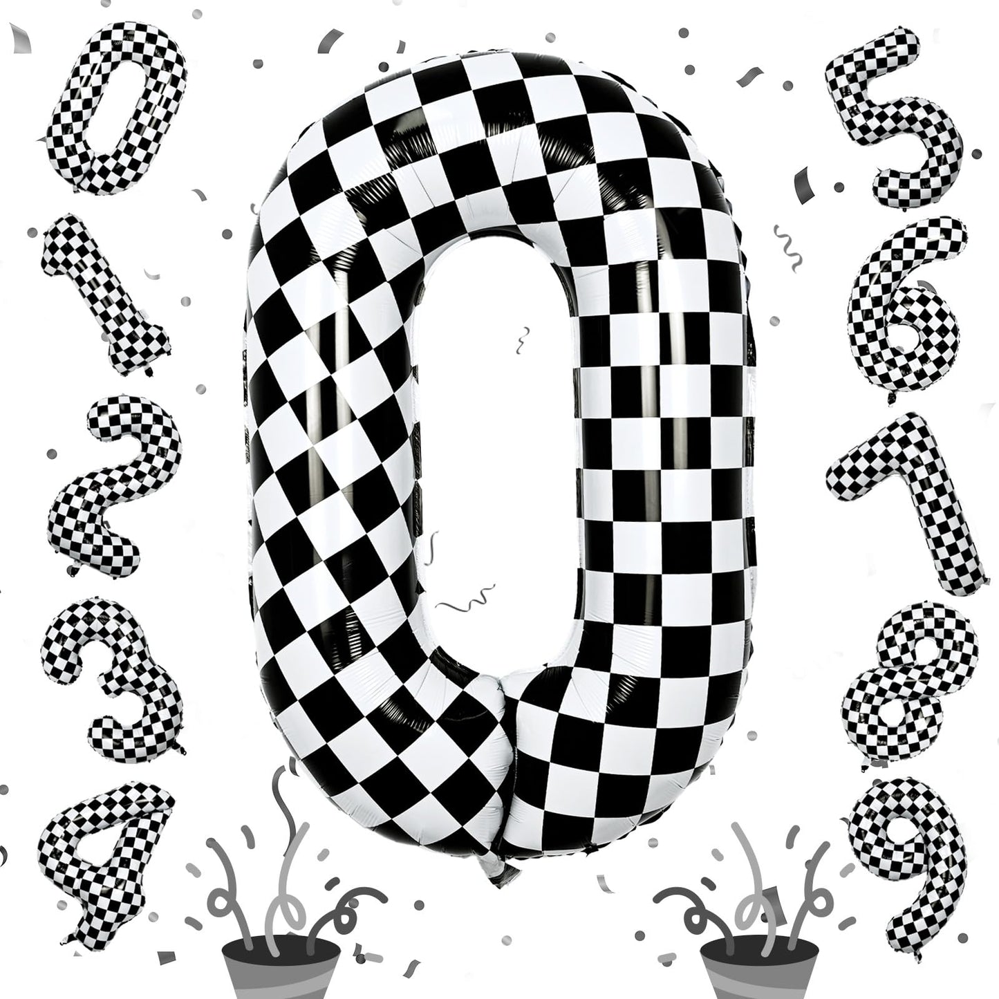 40 Inch Black And White Checkered 0 Balloon, Foil Number 0 Balloons Decor, Giant Self Inflating Helium 0 Racing Balloons For Boy