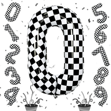 40 Inch Black And White Checkered 0 Balloon, Foil Number 0 Balloons Decor, Giant Self Inflating Helium 0 Racing Balloons For Boy