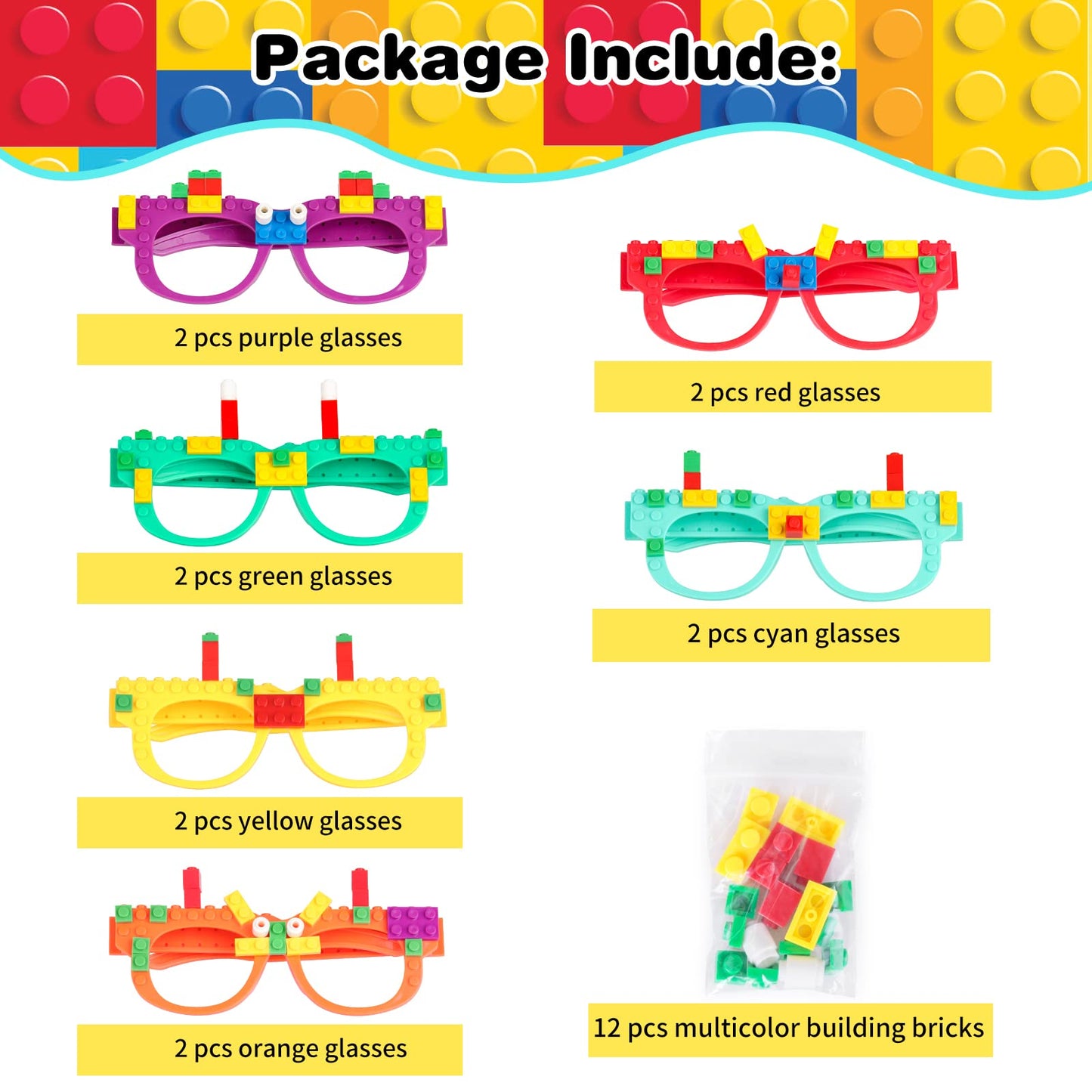 Hxezoc 12 Pcs Diy Building Bricks Glasses Building Blocks Games For Kids Creative Building Block Glasses Party Favors, Carnival Birthday Party Games Supplies