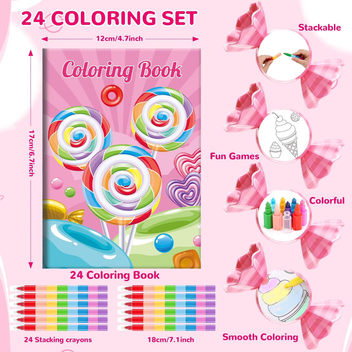 BenLouis 24 Sweet Mini Coloring Books Kids with 24 Stacking Crayons Candyland Donut Party Favors Activity Books Bulk for Kids Ic
