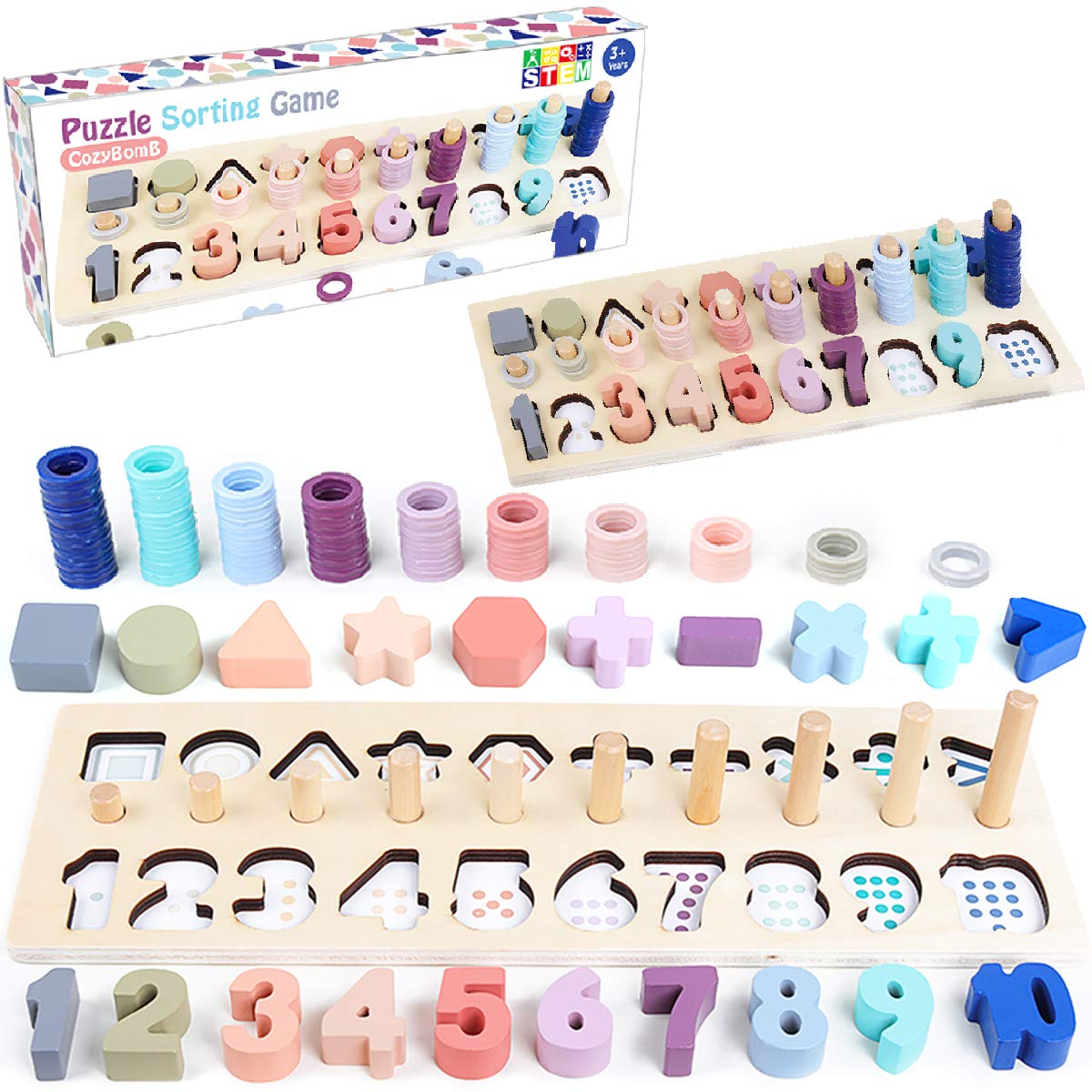 Cozybomb™ Wooden Number Puzzle For Kids - Montessori Toys For 1 Year Old Toddlers Learning Age 3 4 5 Years Old - Wooden Counting Blocks Sorting Toys Shape Block Educational Toys Preschool Stacking Toy