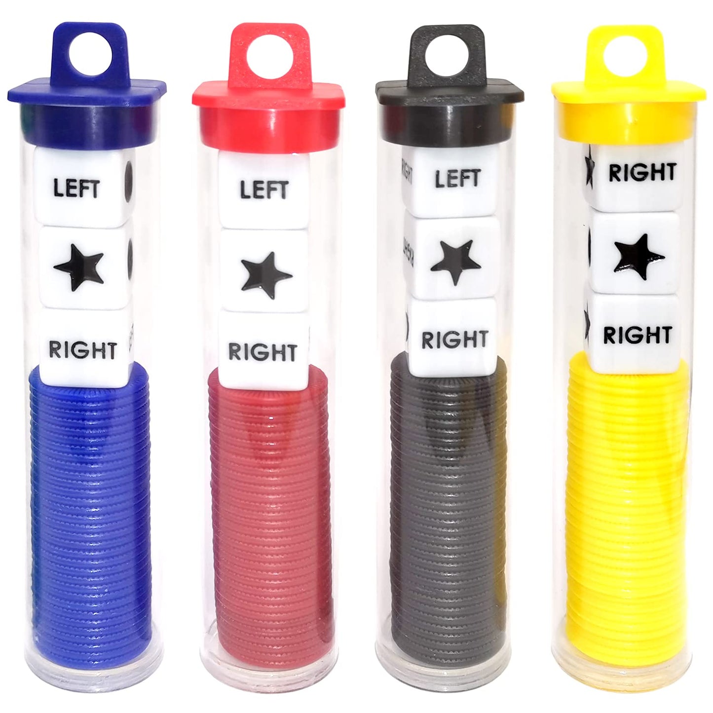 Ahoper Left Right Center Dice Game Prime Set Bundle With 3 Dices + 36 Chips. Round Tube Storage Is Very Convenient For Travel. Easy To Store, Carry Around. (4 Pack)