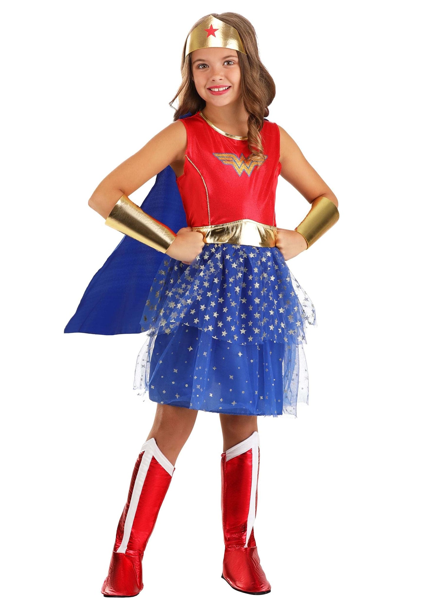 Fun Costumes Girl'S Caped Wonder Woman Costume, Red White & Blue Tutu Dress, Superhero Outfit With Cape & Gold Tiara X-Large
