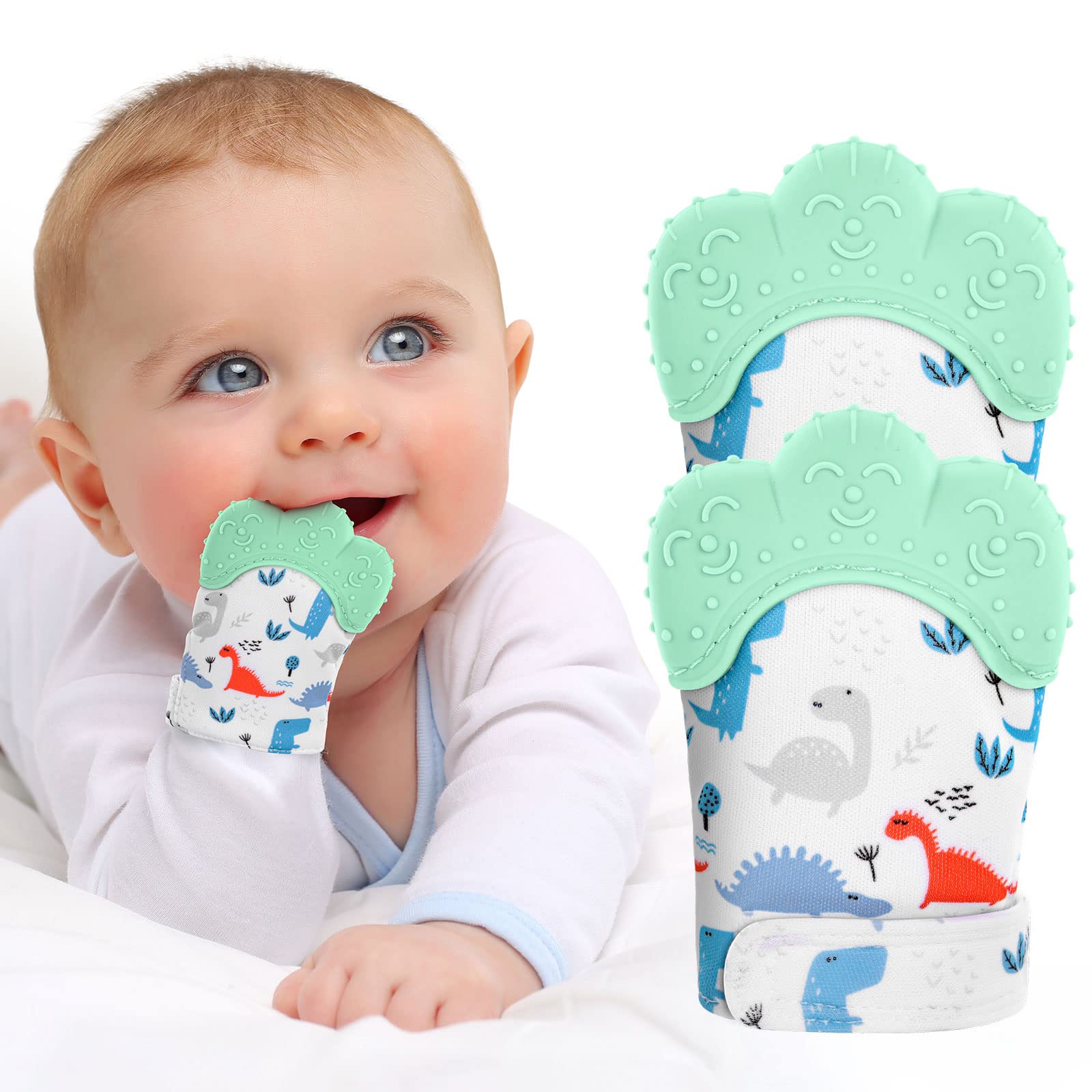 2Pack Silicone Teething Mitt, Soothing Infant Teething Mitten Pain Relief, Prevent Scratches Glove, Safe Silicone Teething Toys 