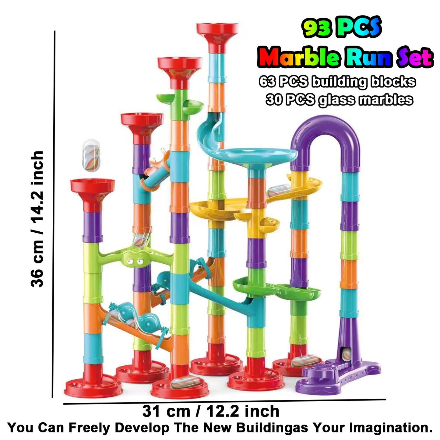 ailixinda 93 PCS Marble Run enhanced Set STEM Educational Building Block Toy Marble Track Race Set with 30 Glass Marbles for Boys & Girls Marble Maze Game Construction Building Blocks Toys for Kids