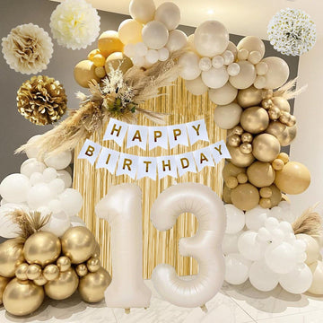 13Th Birthday Decorations For Girls, Gold Official Teenager Decorations White And Gold Balloons Happy Birthday Banner Tablecloth