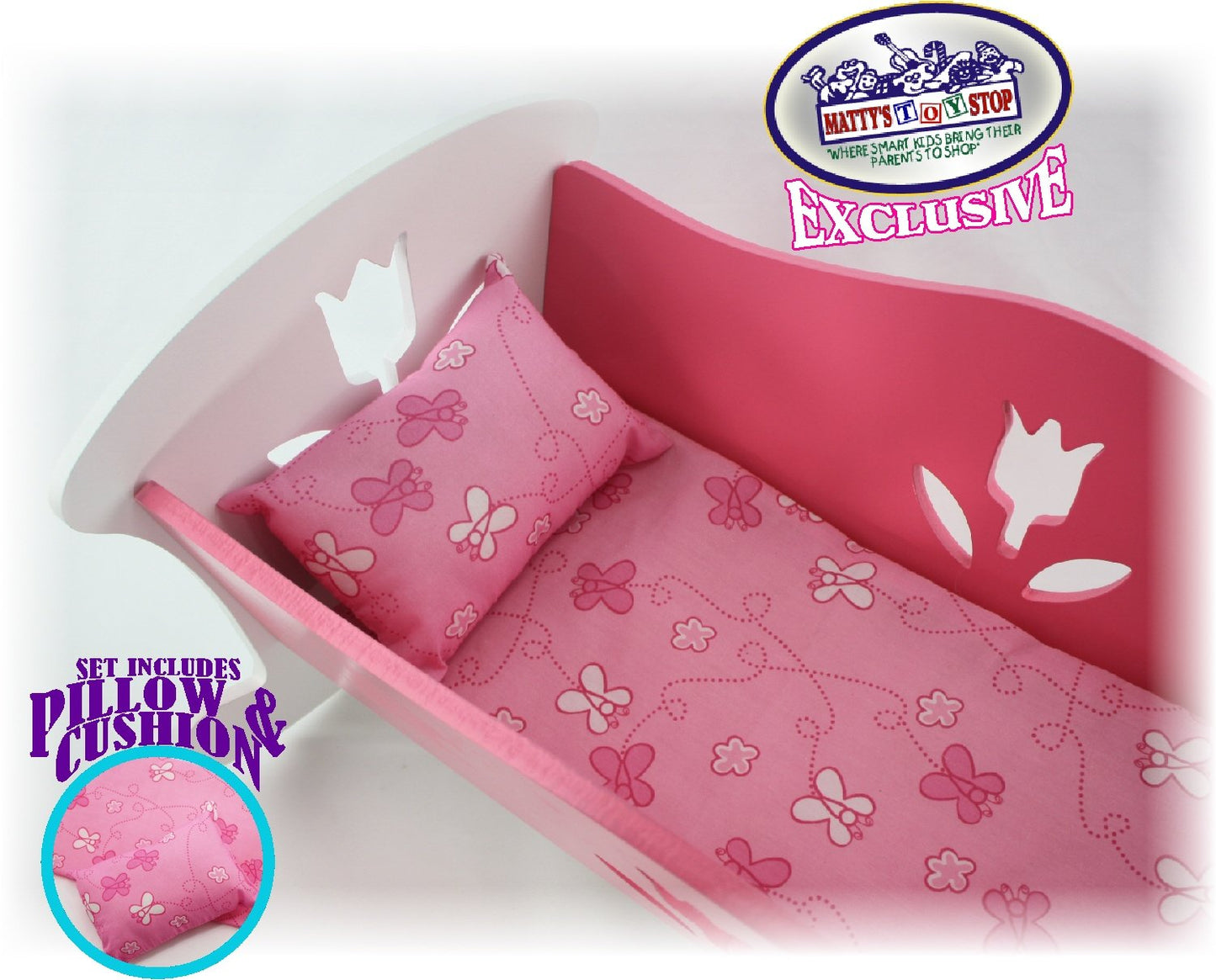 Matty'S Toy Stop 18 Inch Doll Furniture Wooden Doll Rocking Cradle (Crib) With Pink Pillow & Cushion - (18' Pink/White Floral) Fits American Girl Dolls