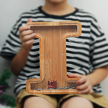 Piggy Bank For Kids Boys Girls, Large Personalized Wooden Letter Piggy Bank With Cut-Out Design, Alphabet Letter Coin Banks, Money Savings Box, Wooden Bank For Kids Creative Gift For Real-Money(I)
